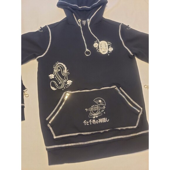Vtg Studio Ghibli Spirited Away Black Hoodie Metal Chain Drawstring No Face Sz S - Picture 3 of 7